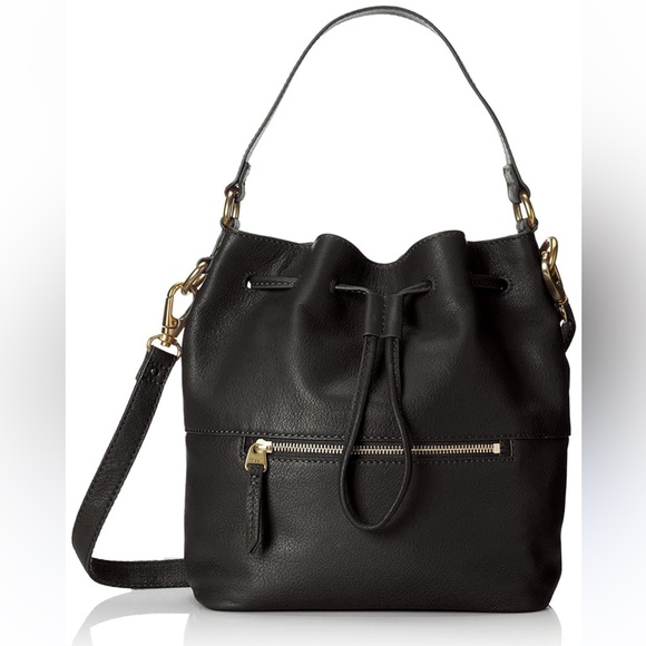 Fossil Black Pebbled Leather Crossbody/Shoulder Drawstring Bucket Bag - Picture 1 of 10